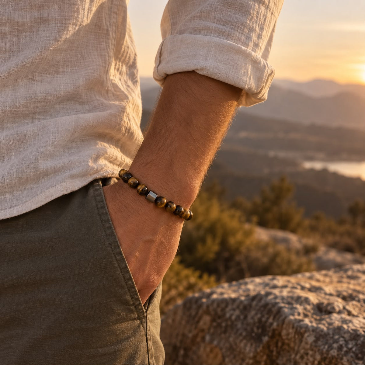 Amuleto Pulsera Brown Tiger Eye + Hematite Bead